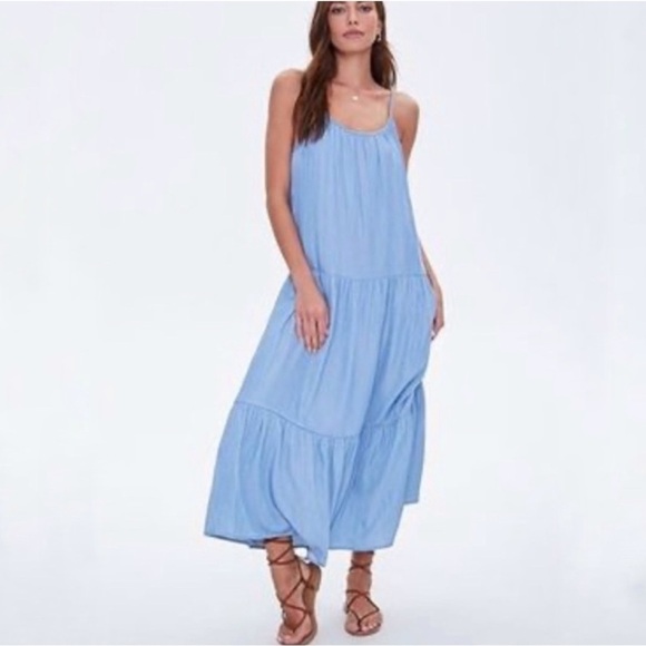 Dresses & Skirts - New- Lumiere Tiered, Strappy, Relaxed Fit, Chambray, Pockets, Blue Maxi Dress LG